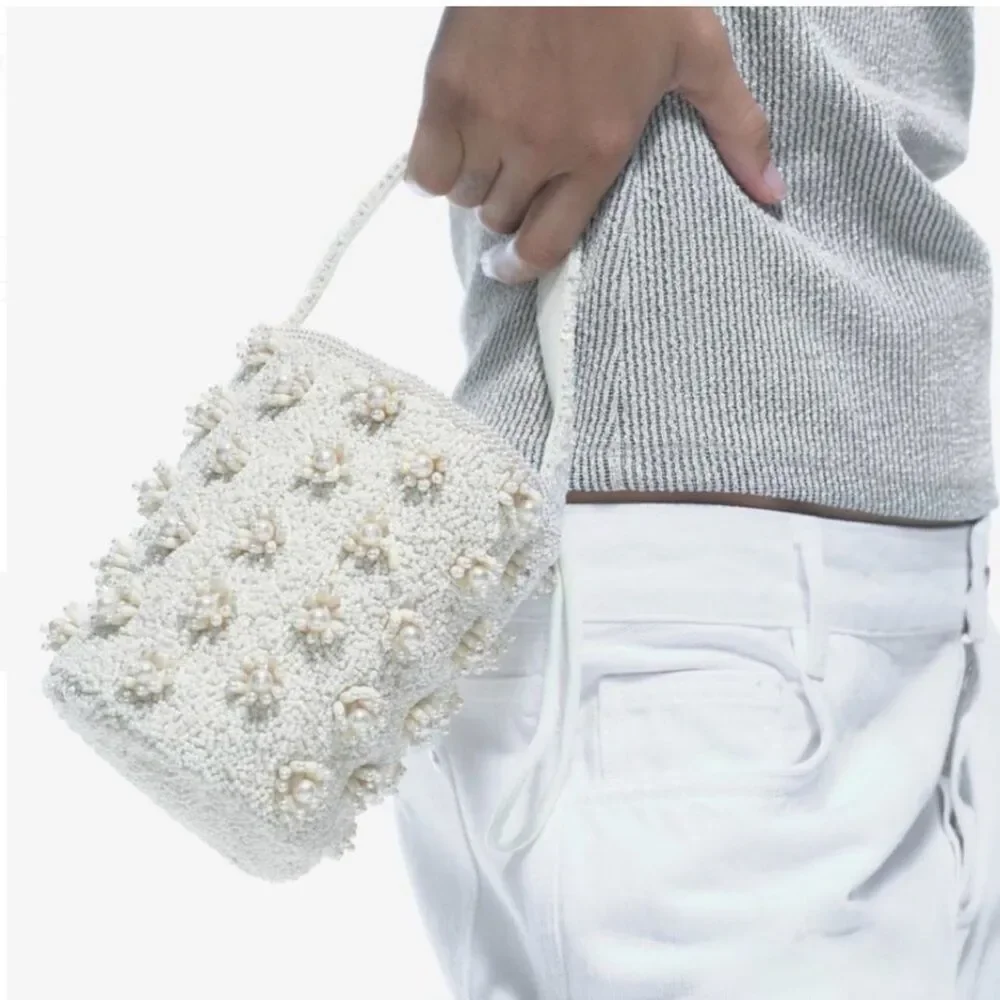 Zara Pearl Beaded Bucket Bag, Top Handle & Shoulder Chain Strap NWOT